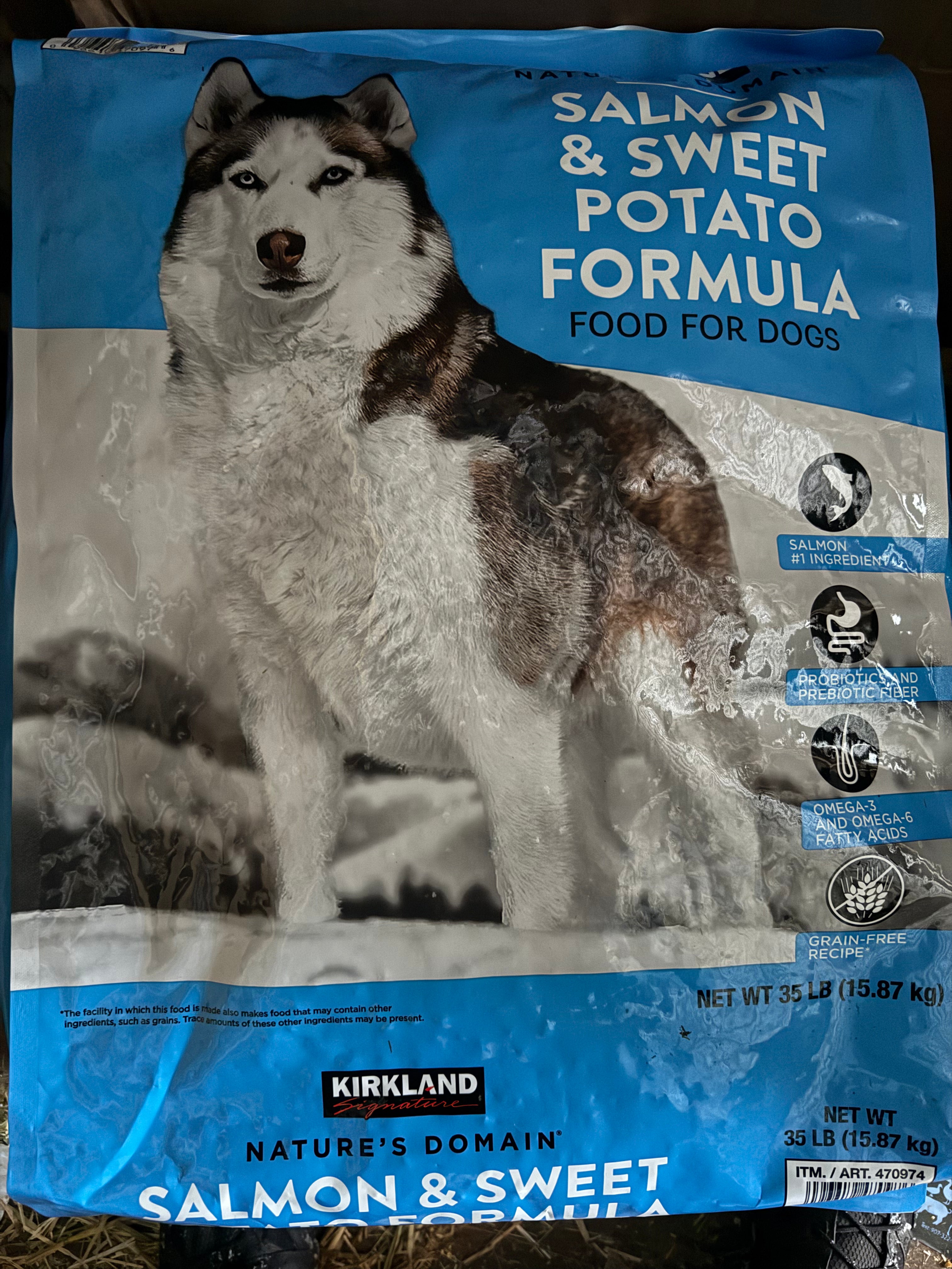 Kirkland salmon and sweet potato dog food 35lb