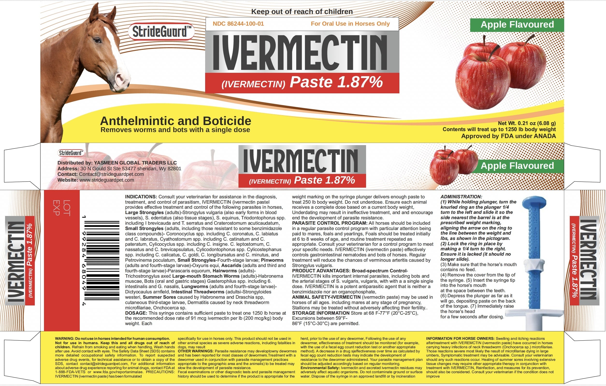 Stridegaurd Ivermectin paste .21oz Apple flavor  1.87%